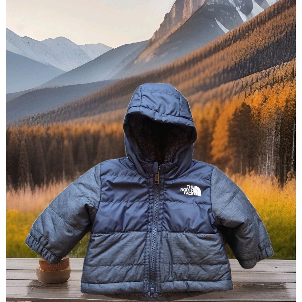 The North Face Reversible Hooded Jacket Baby 0-3M Gray Excellent Fleece Puffer